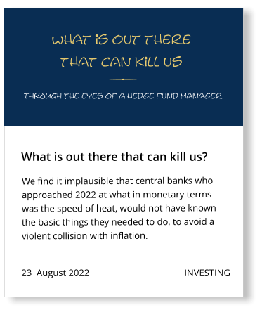 23  August 2022                                        INVESTING We find it implausible that central banks who approached 2022 at what in monetary terms was the speed of heat, would not have known the basic things they needed to do, to avoid a violent collision with inflation.    What is out there that can kill us? What is out there that can kill us THROUGH the eyes of a hedge fund manager